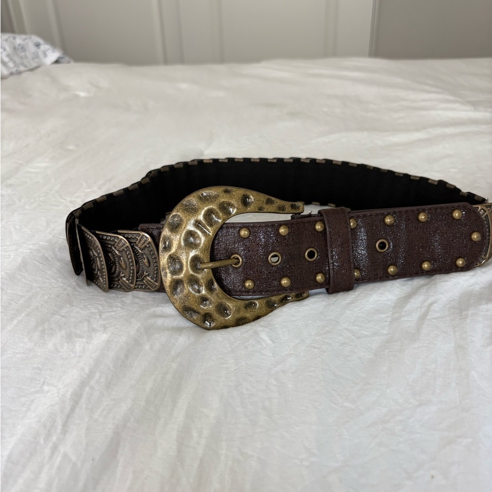 Brown and Bronze Metal And Faux Leather Stretch Belt